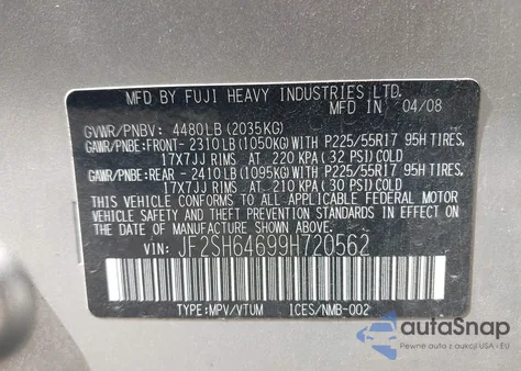 2009 Subaru Forester 2.5X Limited z USA, uszkodzony, nr VIN JF2SH64699H720562